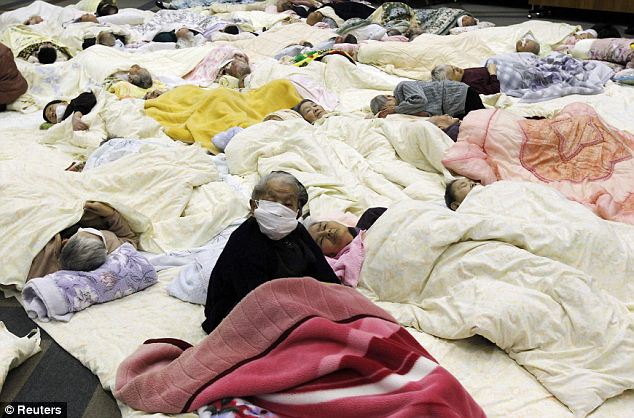 Sleeping: People who are evacuated from a nursing home which is located in evacuation area around the plant rest at a temporary shelter in Koriyama today  Read more: http://www.dailymail.co.uk/news/article-1365781/Japan-earthquake-tsunami-All-3-Fukushima-nuclear-plant-reactors-meltdown.