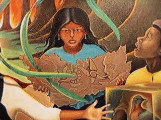 Именно на этой фреске изображена маленькая черноволосая индейская девочка,  которая держит  в руках каменную табличку, напоминающую кусок календаря Майя (кстати, некоторые исследователи замечают, что эта табличка напоминает карту России, и это действительно так. Прим. Ред.).